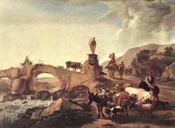 Nicolaes Berchem : Italian Landscape With Bridge